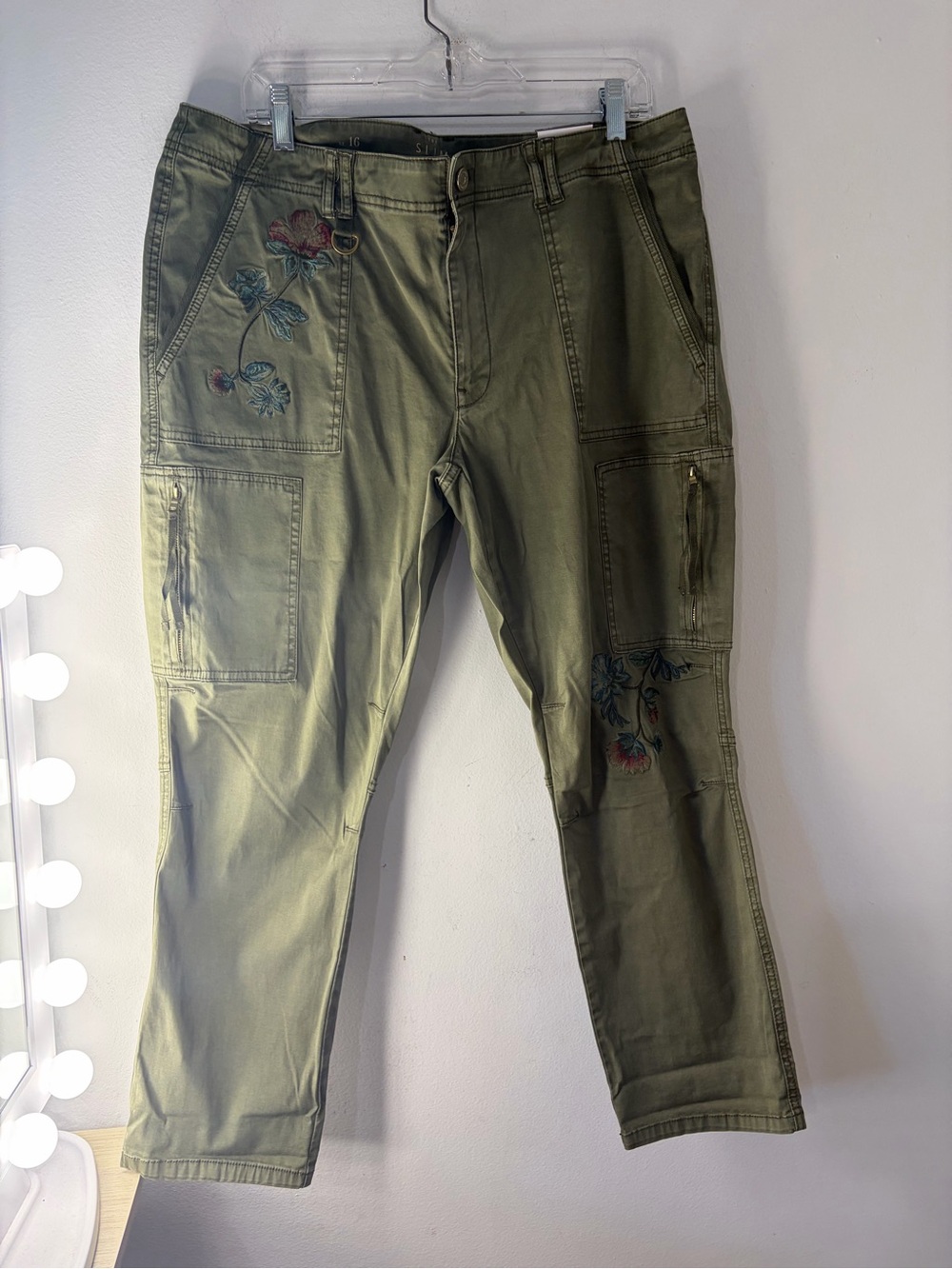 New York & Company Olive Green Cropped Embroidered Utility Pants